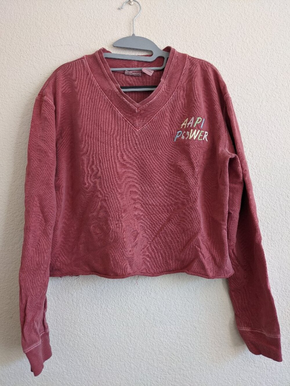 Embroidered AAPI Power Red Pink Vneck Sweater Pullover Long Sleeve Top Reworked
